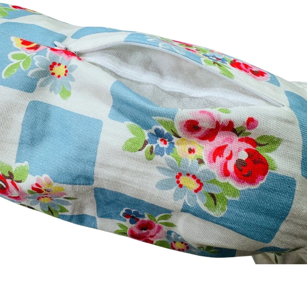 Cath Kidston London Blue Gingham Rose Floral Ruffle Bolster Pillow Cottagecore